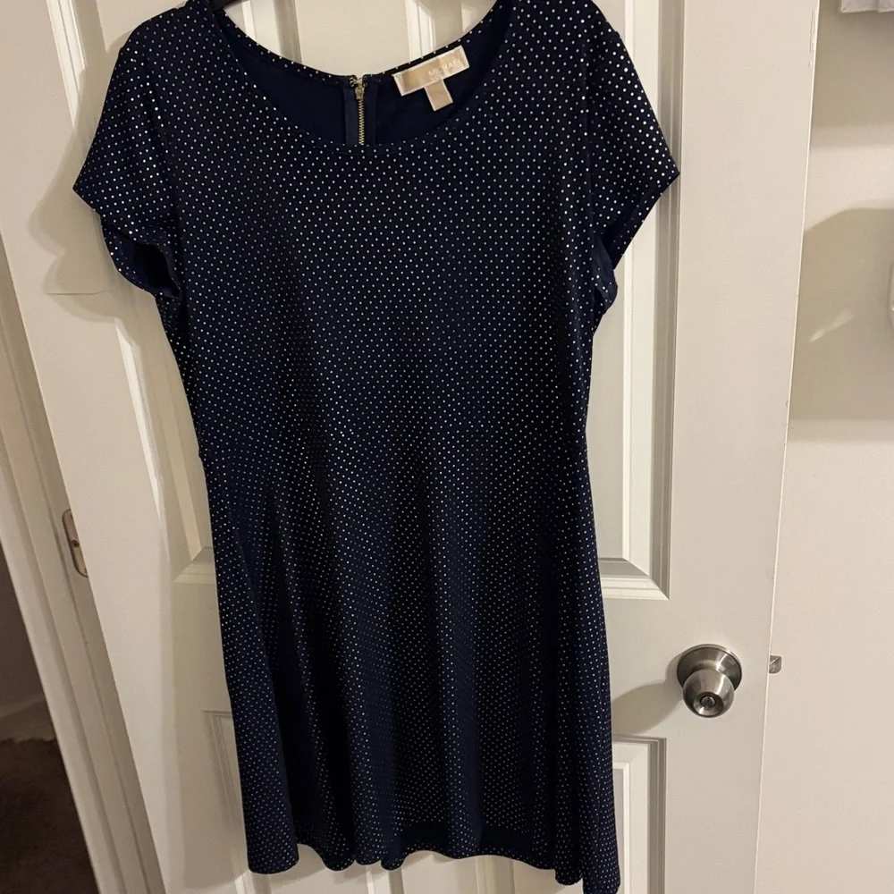 Michael Kors Navy Blue Polka Dot Midi Dress, Sz XL, Like New